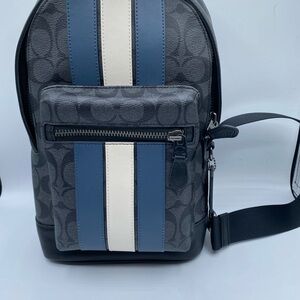 Coach logo purse size backpack in black, blue, white